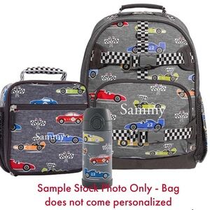 Pottery Barn Mackenzie Race Cars Backpack, Lunch Box, and Water Bottle.